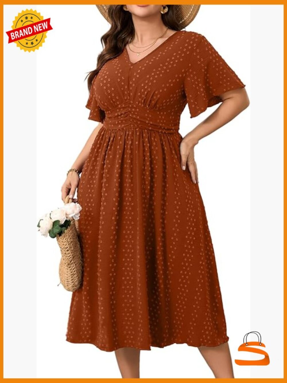 Plus Size Maxi Dress V Neck Short Sleeve Swiss Dot A Line High Waist Boho Swing